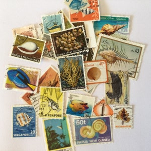 30 fish and seaside themed vintage postage stamps, used stamps, junk journal, embellishment, ephemera