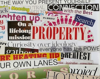 100+ cut out magazine words and phrases for work or team building, mixed pieces for junk journal, collage, inspiration, mood board