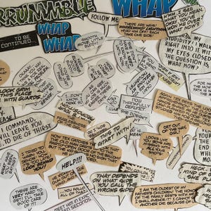 May include: A collection of assorted comic book speech bubbles and sound effect cutouts featuring various printed dialogue and exclamations like WHAP, HELP, and TO BE CONTINUED. The paper shapes are in shades of white, cream, and blue with black text.