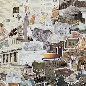 May include: A collage of architectural illustrations and cutouts, including the Empire State Building, the Leaning Tower of Pisa, and various building diagrams. The background features text and other architectural elements.