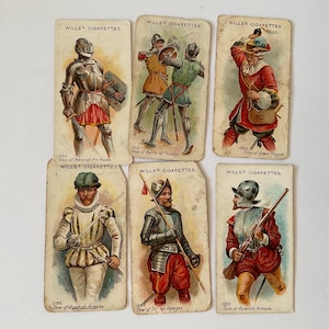 6 vintage cigarette cards from Arms and Armour series 1910, collectable ephemera, tobacco, tags, tucks, paper art, collect