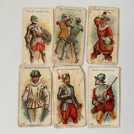 collectable cigarette cards 6 vintage cigarette cards from Arms and Armour series 1910, collectable  ephemera, tobacco, tags, tucks, paper art, collect