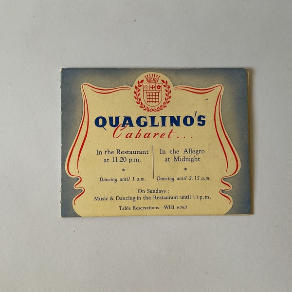 Carte publicitaire Quaglino's Cabaret - Discothèque londonienne, éphémères des années 1950, musique, vie nocturne, brochure, vin, dîner et danse