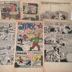 May include: A selection of vintage comic book pages, featuring black and white illustrations with speech bubbles and text. One page is titled "Li'l Jinx A Tattl Tail" with colourful illustrations of children playing in the snow.