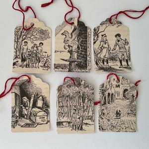 6 étiquettes-cadeaux Narnia de The Magicians Nephew - pages de livre recyclées sur carte avec liens en coton vintage