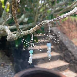 Wire Dragonfly Earrings, Dragonfly earrings with glass beads and pearl beads
