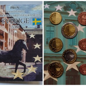 May include: A set of eight Swedish Euro coins from 2003. The coins are gold, silver, and copper in color. The coins feature a portrait of the Swedish king and a crown. The coins are arranged in a circle on a blue background with gold stars.