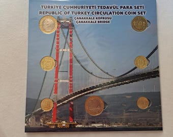 Turkey 2023 Annual coin set of 6 turkish coins + 1 lira 2022 commemorative coin Canakkale Bridge.