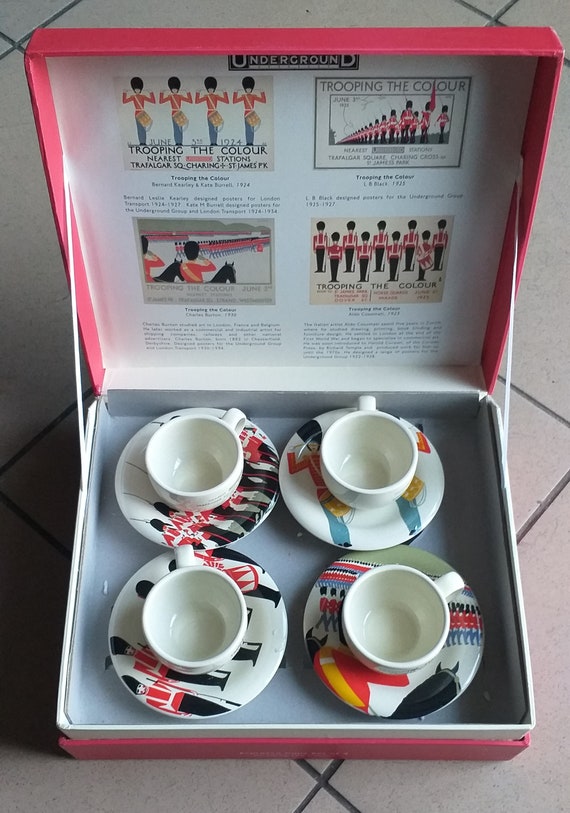 Underground London Espresso Porcelain Cups Set of 4 Trooping the Colour.  Trafalgar Square, St.james Park, Charing Cross. 