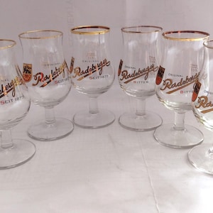 Set of 6 pcs liqueur glasses Radeberg 40ml. 3 st - bitter, 3 st - seit 1877. Stemmed liqueur glasses with gold rim.