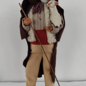 Traditional french provence terracotta figurine man shepherd with a lamb signed Claude Corbonel Provance. Santon de Provence