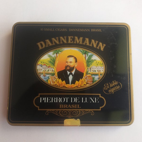 Vintage Brasil Dannemann Pierrot de Luxe empty collectible Metal Cigar Case, Cigar Tin, Cigar box.