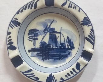 Vintage Delft Blue and White Windmill Ashtray Trinket Decor Plate Earthenware.