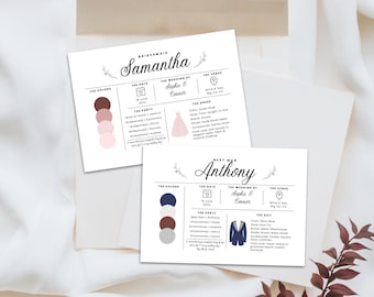 May include: Two white cards with wedding details. One card says "Bridesmaid Samantha" with color swatches and a pink dress illustration. The other card says "Best Man Anthony" with color swatches and a navy suit illustration.