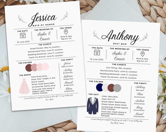 May include: A printable wedding party information card with a white background and black text. The card features the names "Jessica" and "Anthony" as Maid of Honor and Best Man, respectively. The card lists the wedding date, events, and attire details for the wedding party.