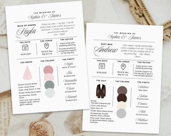May include: Wedding invitation details for Sophia and James. The invitation includes the date, venue, dress, colors, and duties of the maid of honor and bridesmaids. The invitation also includes the date, venue, suit, colors, and duties of the best man and groomsmen.