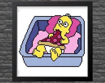 May include: A yellow cartoon character with large eyes is lying in a blue and white crib, eating a slice of pizza. The crib has a pink and white blanket.