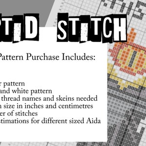 May include: A black and white image of a cross-stitch pattern with the text "CRYPTED STITCH" and "Each Pattern Purchase Includes:" followed by a list of items included in the purchase. The cross-stitch pattern is of a mythical creature.