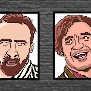 May include: Two framed pixel art portraits of actors. One depicts a man with a beard and a striped shirt, the other a man with a smiling expression. The portraits are set against a grey brick wall.