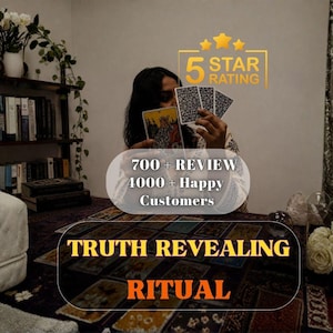 May include: A tarot card reading service featuring a spread of cards on a dark patterned cloth. Text overlays include 5 STAR RATING, 700 + REVIEW, 4000 + Happy Customers, and TRUTH REVEALING RITUAL. The scene includes a bookshelf and white flowers.