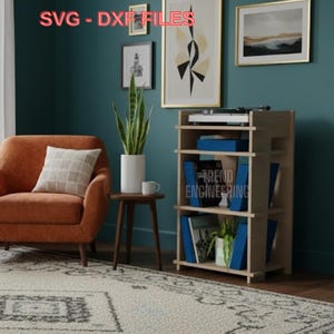 May include: An interior scene with an orange armchair, a wooden side table, and a light wood shelf unit. The shelf displays books, a record player, and a plant. Artwork hangs on the teal wall. The text "SVG - DXF FILES" is visible.