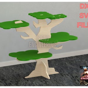 Op de afbeelding: Een houten boomvormig rek met groene bladeren en vijf planken. Het rek is gemaakt van multiplex en heeft een natuurlijke houtkleur. De planken zijn ontworpen om eruit te zien als bladeren en zijn perfect voor het tentoonstellen van kleine voorwerpen. Het rek is een geweldige manier om een ​​toets van natuur aan uw huis toe te voegen.