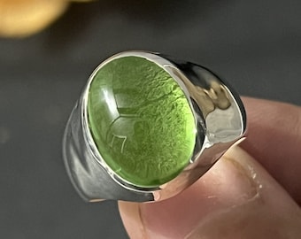 Natural Large Green Amethyst Ring, Oval Cabochon Amethyst Ring, Solid Silver 12x16 MM, Anniversary Ring Heavy Silver Ring For Woman's
