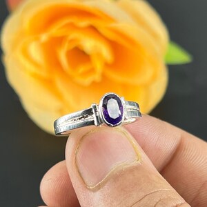 Oval Amethyst Sterling Silver Ring - Handmade 6x8 mm Purple Gemstone