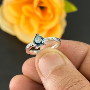 Promise rings, Natural london blue topaz rings, heart cut gemstone, solid silver rings