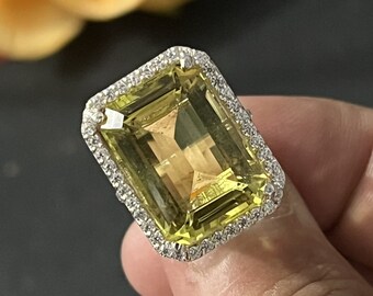 Stunning Natural Very Large Green Gold Halo Emerald-Cut Ring, 15x20MM, 21.82 Carats