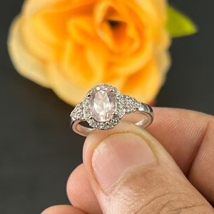 Morganit Ring, Ovalschliff Edelstein Ring, Silber Ringe für Frauen, Halo Morganit Ring