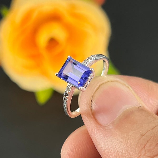 Vintage Tanzanite Ring - Sterling Silver Ring - Emerald Cut Tanzanite Engagement Ring - Promise Ring - November Birthstone - Handmade Ring
