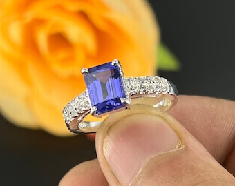 Vintage Tanzanite Ring - Sterling Silver Ring - Emerald Cut Tanzanite Engagement Ring - Promise Ring - November Birthstone - Handmade Ring