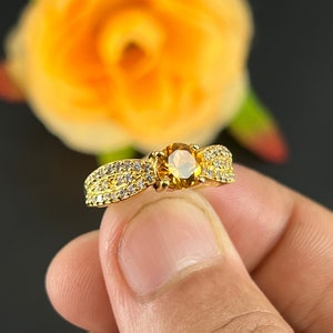 Natural Citrine Sterling Silver Ring: November Birthstone, Round CZ Accents