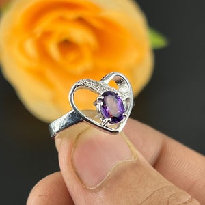 Oval Amethyst Heart Ring: Sterling Silver Birthstone Anniversary Ring