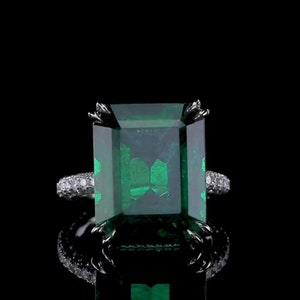 Emerald Ring, Solid Silver Emerald Cut Green Gemstone Ring, 12x16mm Anniversary Ring