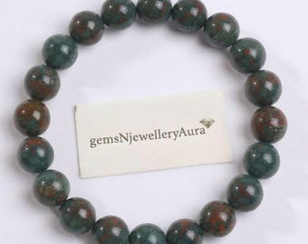 Natural Bloodstone 10MM Round Beads Bracelet | Green Heliotrope Crystal Stretch Jewelry