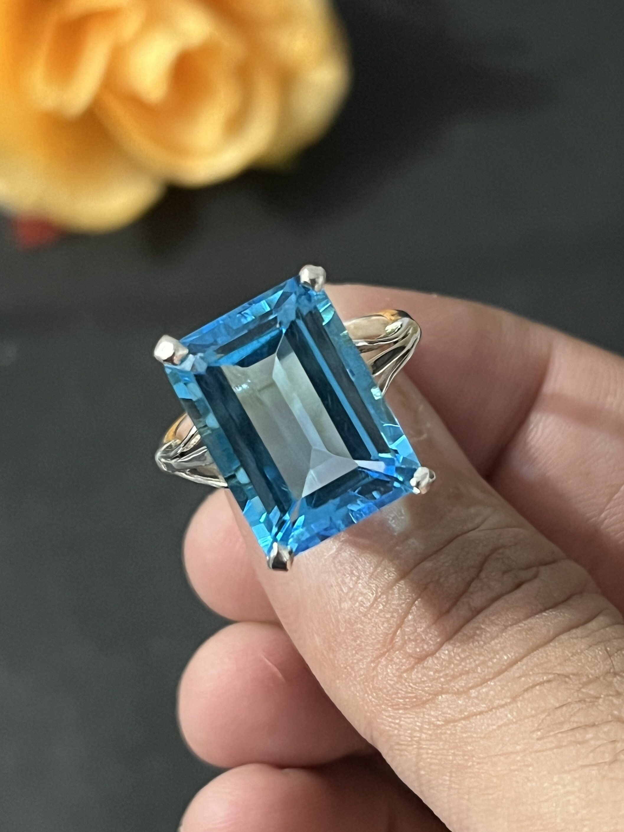 Stunning Natural Large Top Swiss Blue Topaz Emerald-Cut Ring, 15x20MM, 23.75 Carats