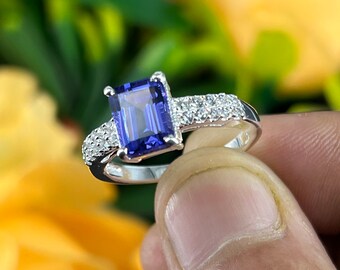 Tanzanite Ring, Emerald Cut Clean Tanzanite Ring, Solid Silver Tanzanite Ring, Octagon Shape Tanzanite Ring, Ring For Girls