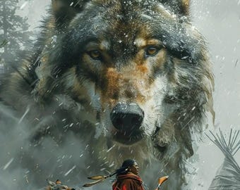 May include: An artistic depiction of a wolf and a Native American man in a snowy landscape. The wolf is large and imposing, with detailed fur and piercing eyes. The man is dressed in traditional attire, holding a rifle. A second wolf is also present.