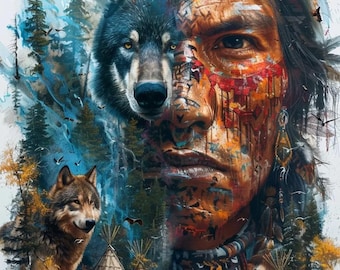 May include: An artistic depiction of a Native American man and a wolf, with a forest backdrop. The man's face is painted with vibrant colors, and the wolf's face is partially visible. Teepees and birds are also featured.