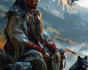 May include: A Native American man in traditional clothing sits on a rock with a wolf beside him. The man has a painted face and is looking off to the side. The background is a mountain range with a bird flying overhead.
