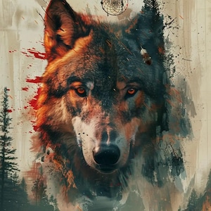 May include: A close-up of a wolf's face with a dreamcatcher in the background. The wolf's fur is a mix of brown, black, and white, and its eyes are a bright orange. The background is a blurred image of trees and leaves.