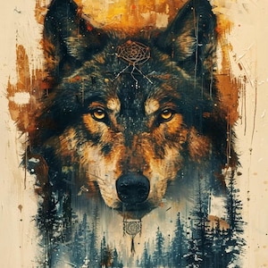 May include: A detailed painting of a wolf's face with piercing yellow eyes. The wolf's fur is a mix of black, brown, and tan. A dreamcatcher is depicted above the wolf's head. The background shows a forest scene with a snowy landscape.