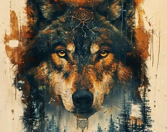May include: A detailed painting of a wolf's face with piercing yellow eyes. The wolf's fur is a mix of black, brown, and tan. A dreamcatcher is depicted above the wolf's head. The background shows a forest scene with a snowy landscape.
