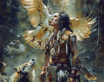 May include: An artistic depiction of a Native American man in traditional attire, gazing upwards. An owl with outstretched wings hovers above him, and a wolf looks up at him. The scene is set in a forest with soft lighting.