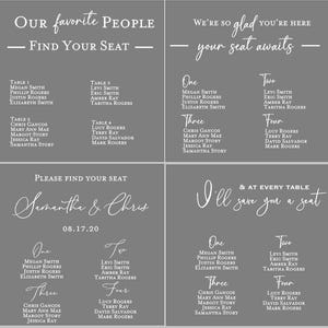 May include: A set of four grey square seating charts with white text. The charts display guest names organized by table numbers, featuring phrases like Our favorite People Find Your Seat, We're so glad you're here, and Samantha & Chris 08.17.20.