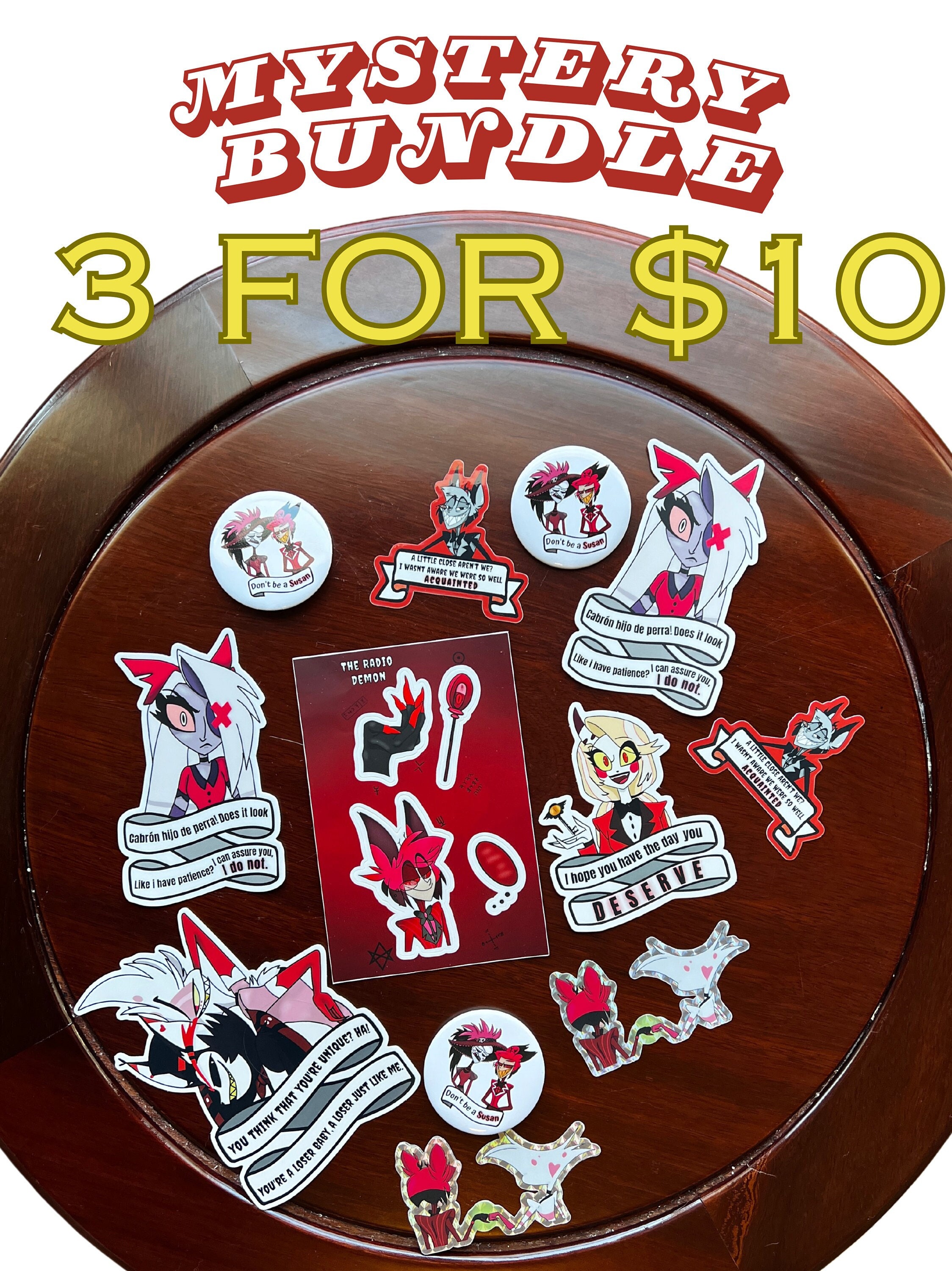3 pack Limited Mystery Bundle Hazbin Hotel Stickers and Buttons