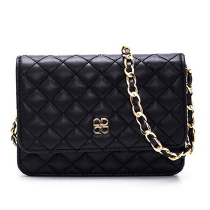 DMood Black Leather Women Quilted Crossbody Bag / Women Quilted Shoulder Bag / Ladies Quilted Clutch Bag / Women Handbag / Quilted Purse