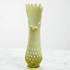 Fenton Vaseline Hobnail Swung Glass Vase – Glows Under Blacklight – Uranium Glass – Vintage Mid Century